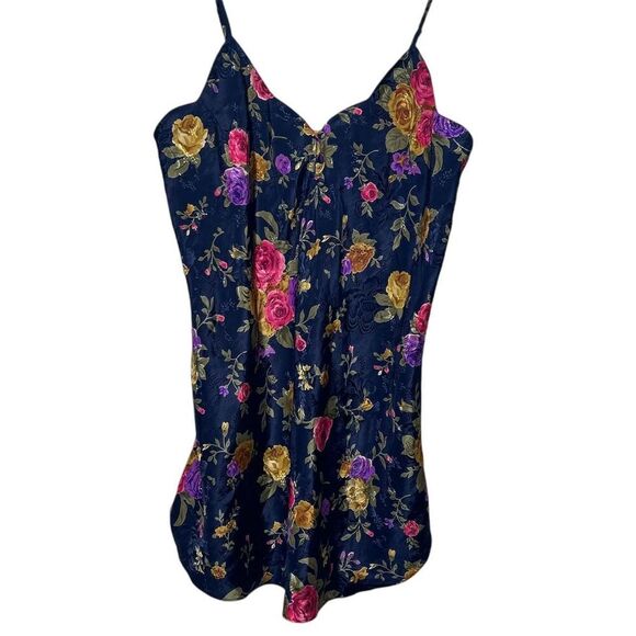Vintage 90s 1990s Navy blue floral print slip dress V neckline med - Picture 1 of 8